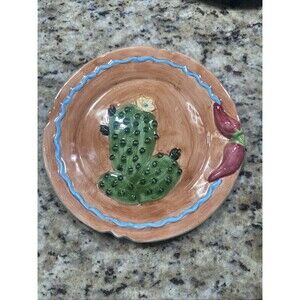Vintage Lotus Plate. Cactus & Red Pepper Design. Decorative Plate